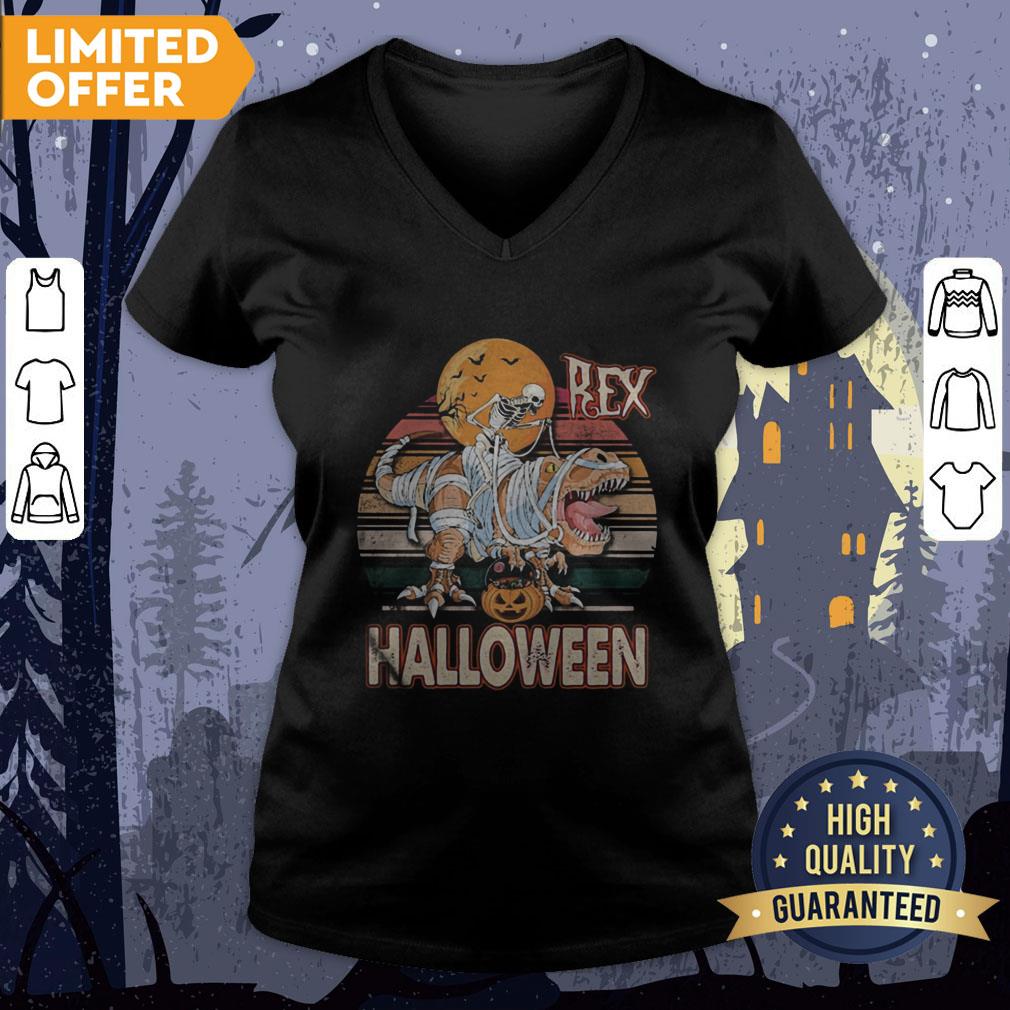 Skeleton Riding Mummy Saurus Rex Halloween Vintage Retro Shirt - Image 3