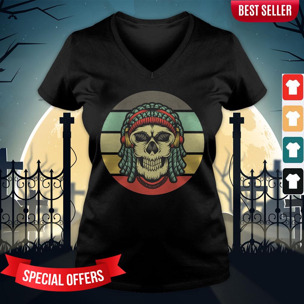 Skull Dreadlocks Headphone Day Of The Dead Retro Vintage Shirt - Image 2