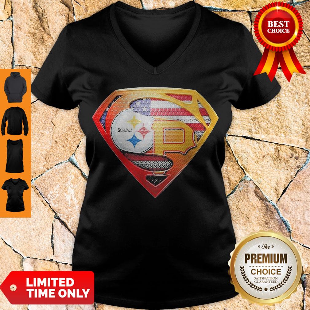 Superman Pittsburgh Steelers Vs Pittsburgh Pirates Cap American Flag Independence Day Shirt - Image 2