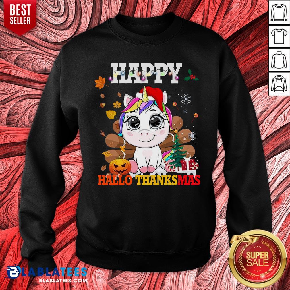 Cute Unicorn Happy Hallothanksmas Halloween Thanksgiving Christmas Shirt - Image 2