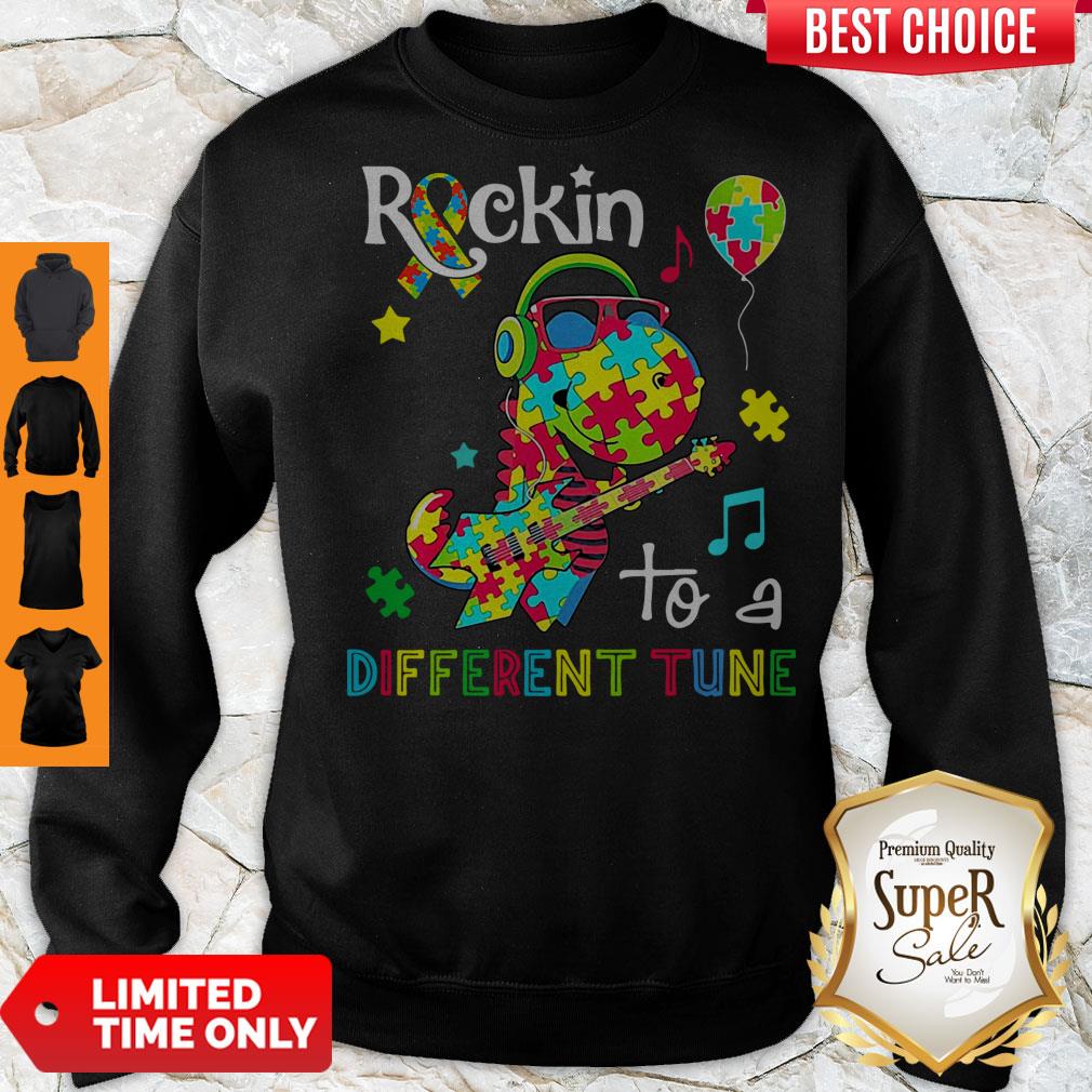 Official Dinosaur T Rex Rockin To A Different Tune Autism Awareness Shirt - Image 4