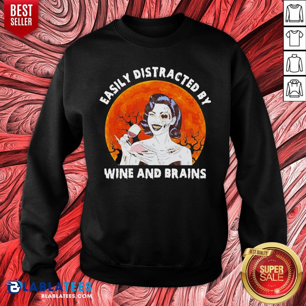 Funny Zombie Easily Distracted By Wine And Brains Moon Halloween Shirt - Image 2