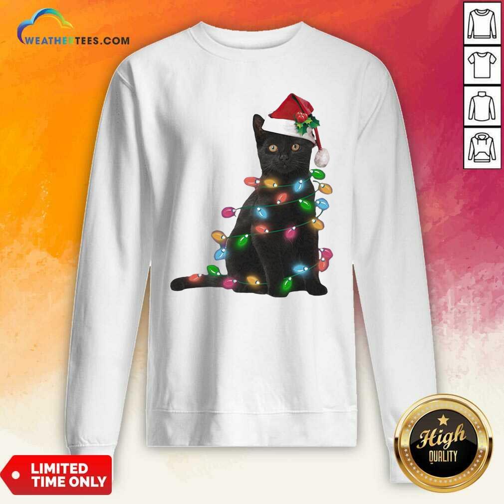Colorful Black Cat Hat Santa Happy Light Christmas 2020 Shirt - Image 5