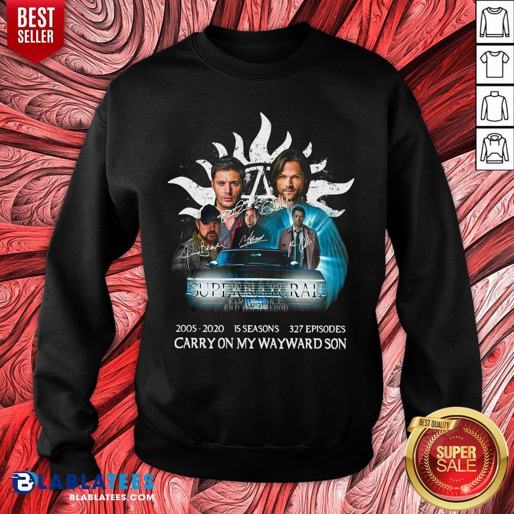 Hot Supernatural 2005 2020 15 Seasons 327 Episodes Carry On My Wayward Son Signatures Shirt - Image 2