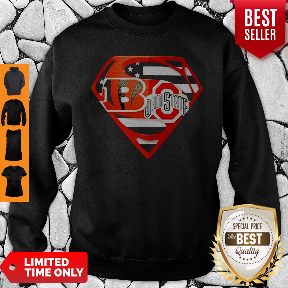 Superhero Cincinnati Bengals And Ohio State Buckeyes Diamond American Flag Independence Day Shirt - Image 3