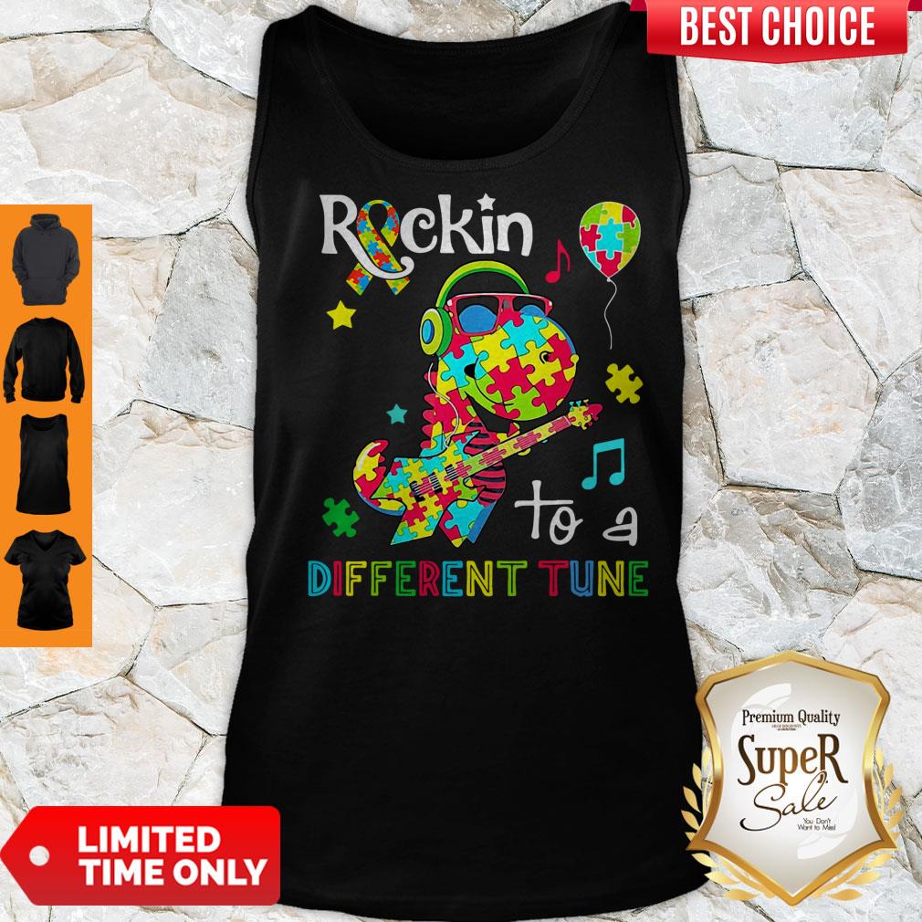 Official Dinosaur T Rex Rockin To A Different Tune Autism Awareness Shirt - Image 3
