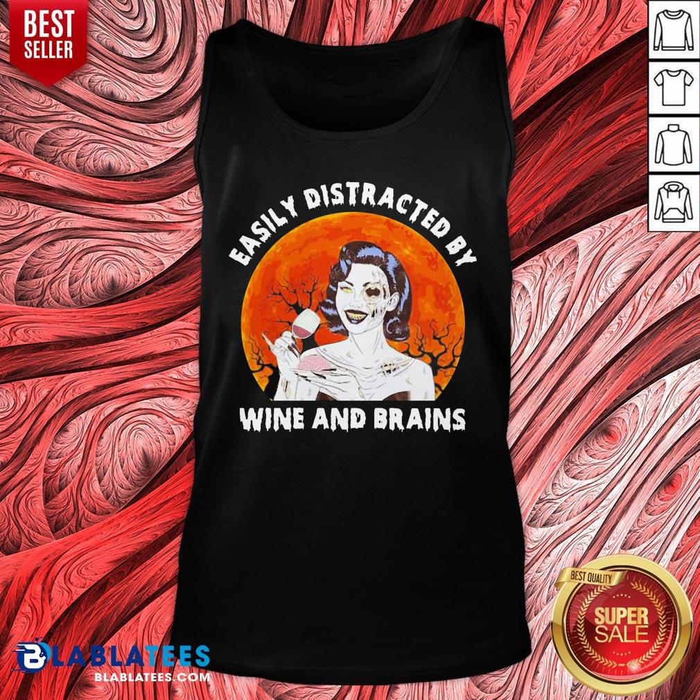 Funny Zombie Easily Distracted By Wine And Brains Moon Halloween Shirt - Image 4