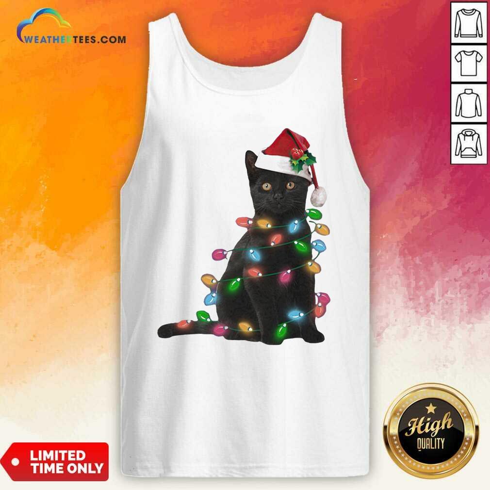 Colorful Black Cat Hat Santa Happy Light Christmas 2020 Shirt - Image 2