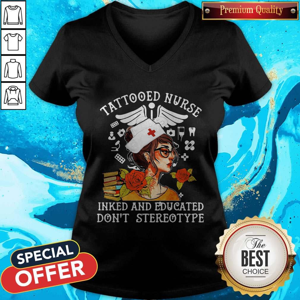 Tattooed Nurse Inked And Educated Don't Stereotype Books Flowers Shirt - Image 3