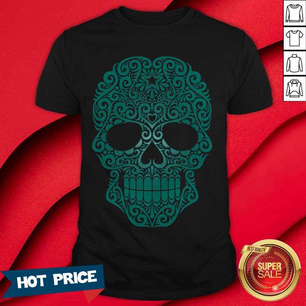Teal Blue Swirling Sugar Skull Day Of The Dead Shirt