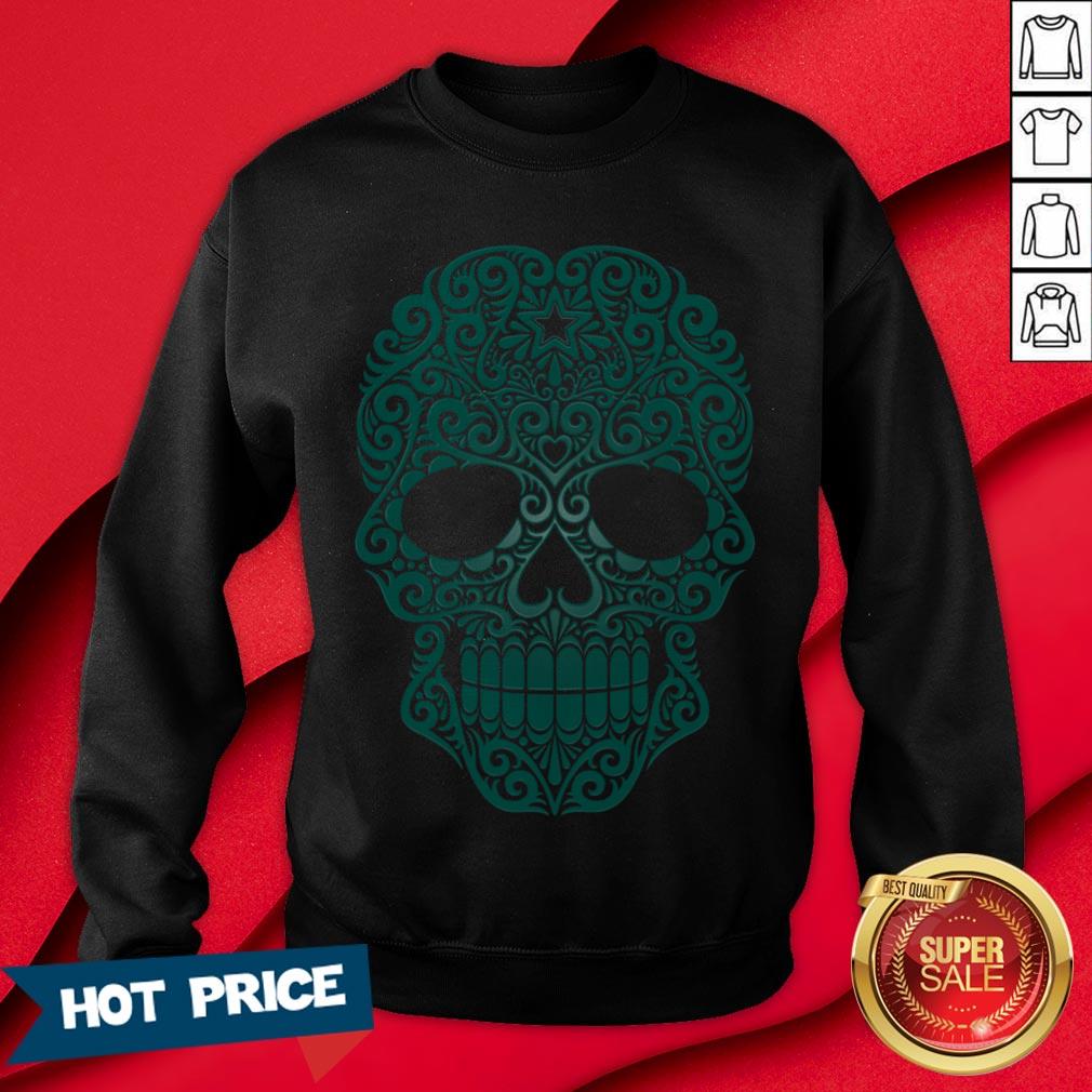 Teal Blue Swirling Sugar Skull Day Of The Dead Shirt - Image 4