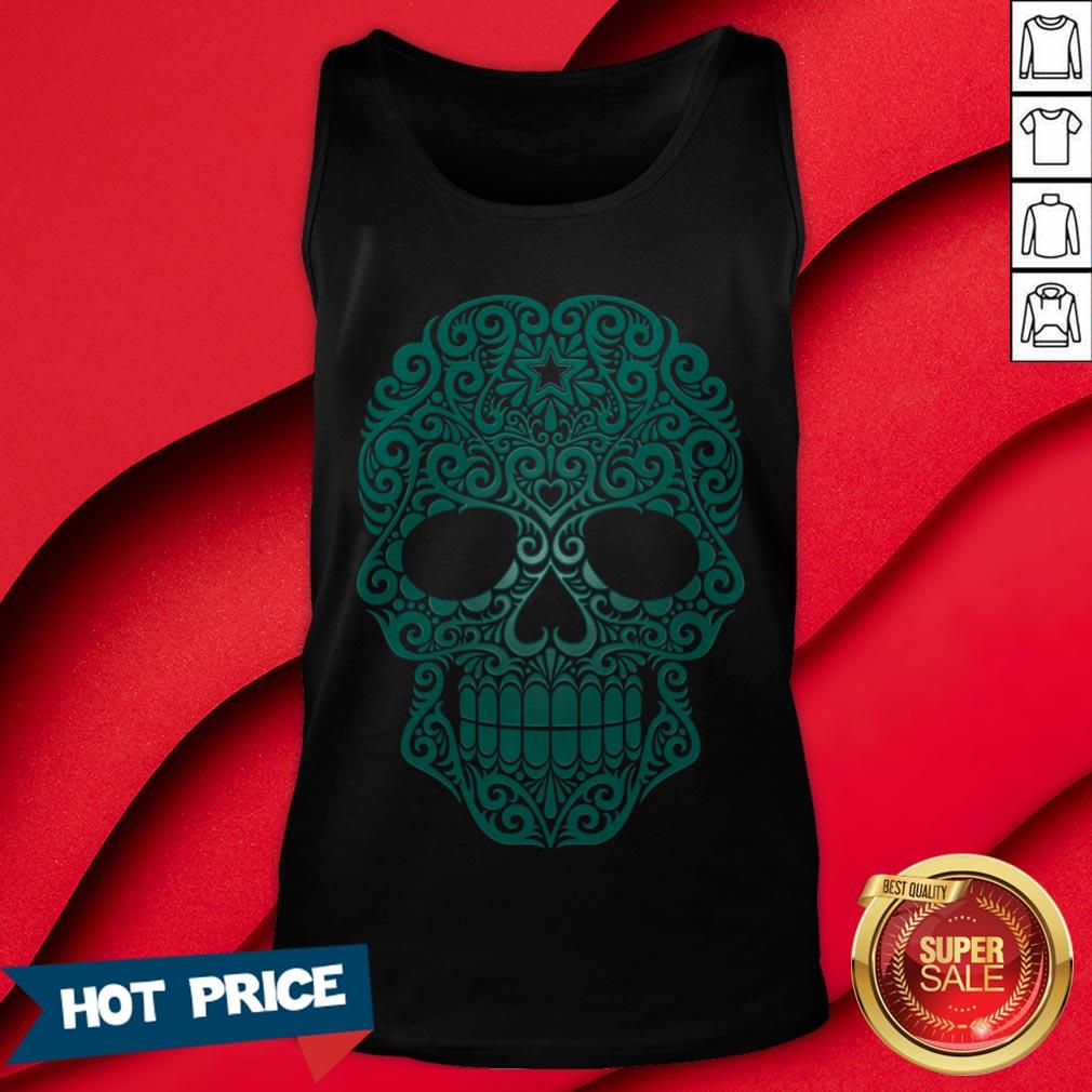 Teal Blue Swirling Sugar Skull Day Of The Dead Shirt - Image 2