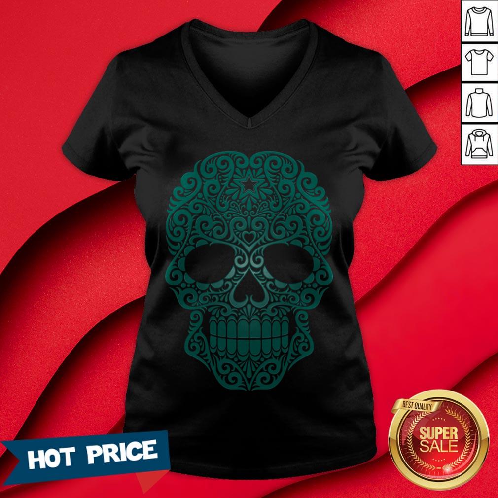 Teal Blue Swirling Sugar Skull Day Of The Dead Shirt - Image 3