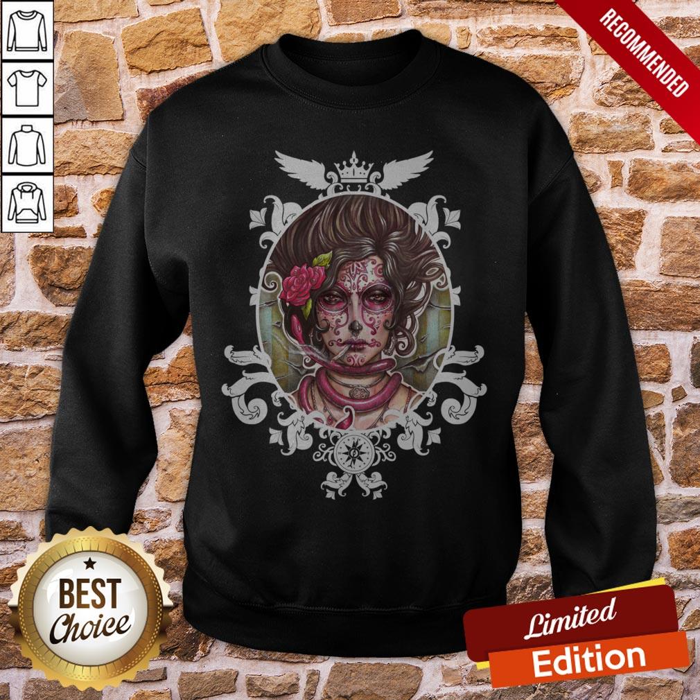 The Mexican Catrina Makeup And Sugar Skulls Dia De Los Muertos Shirt - Image 4