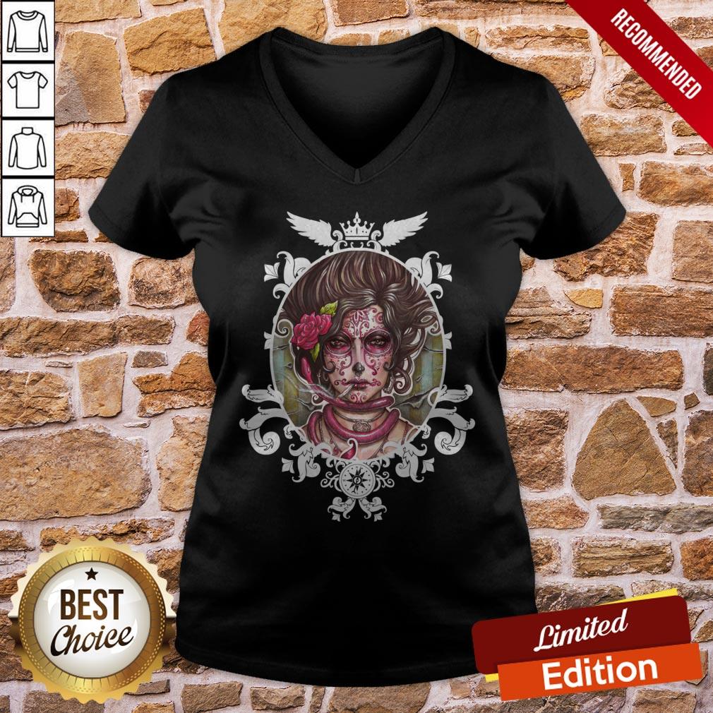 The Mexican Catrina Makeup And Sugar Skulls Dia De Los Muertos Shirt - Image 2