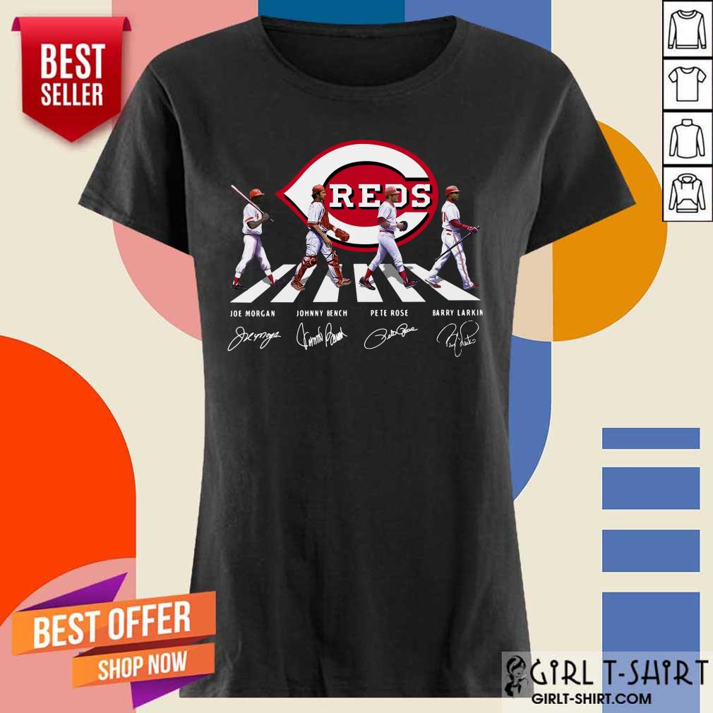 The Reds Joe Morgan Johnny Bench Pete Rose Barry Larkin Signature Abbey Road Shirt - Image 3