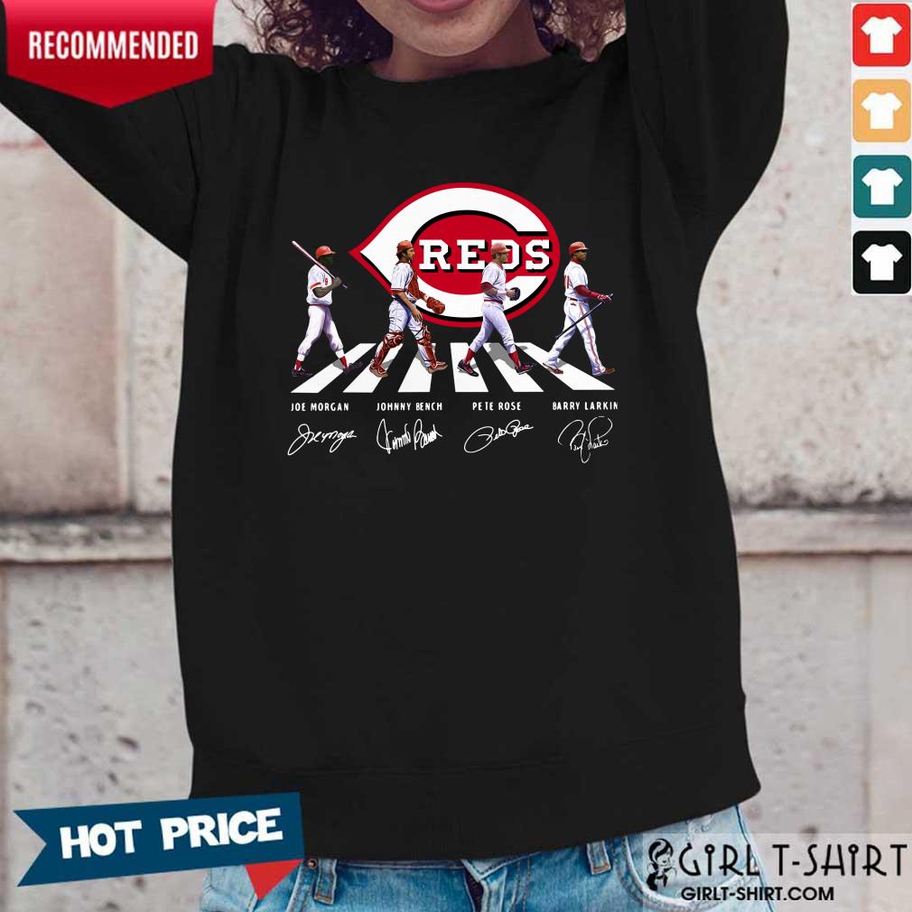 The Reds Joe Morgan Johnny Bench Pete Rose Barry Larkin Signature Abbey Road Shirt - Image 2