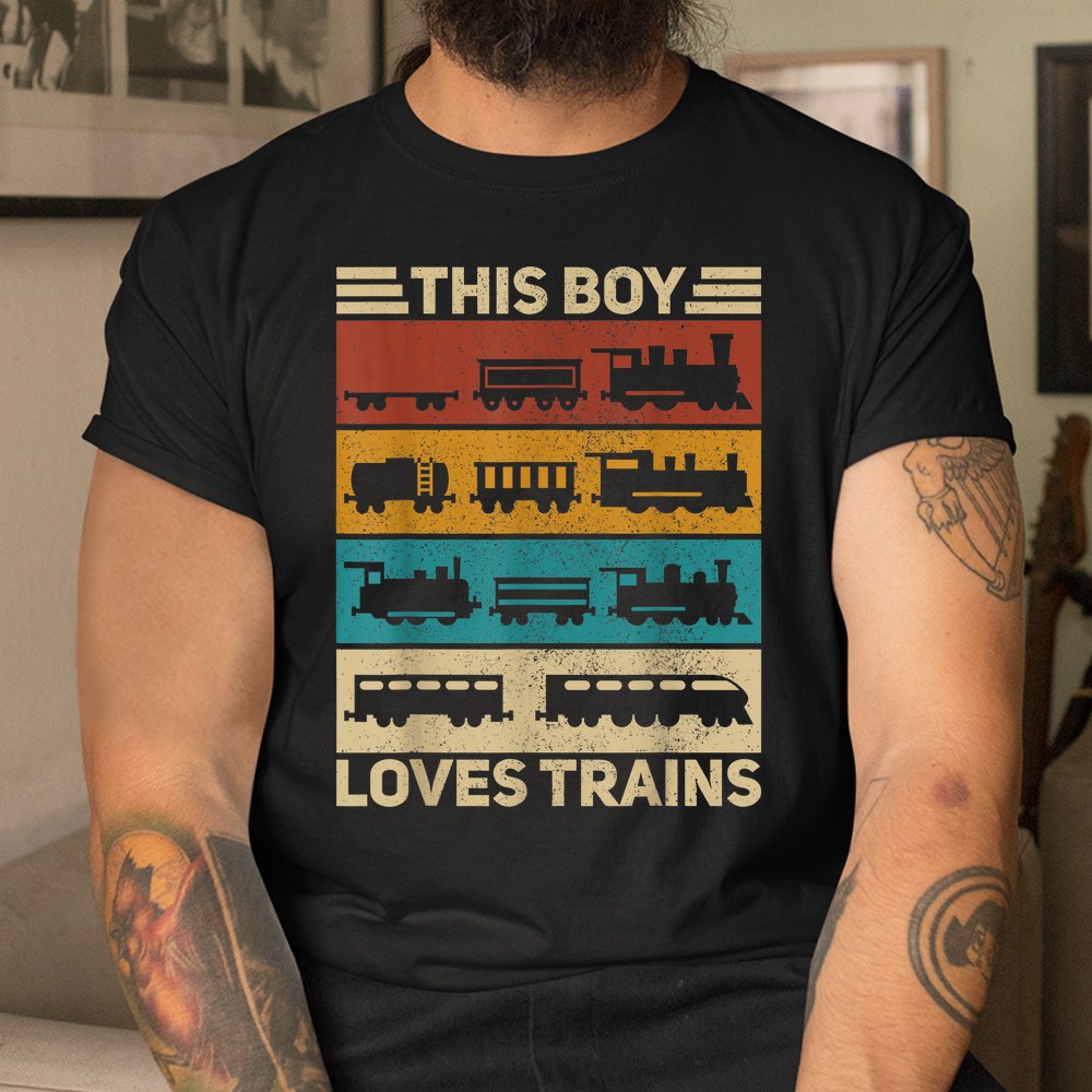 This Boy Loves Trains Lover Retro Wagon Train Shirt - Image 3