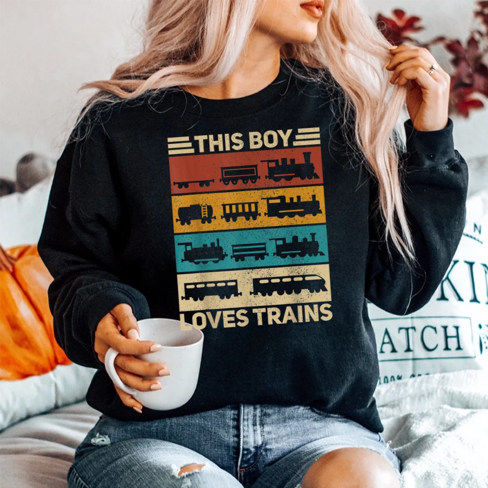 This Boy Loves Trains Lover Retro Wagon Train Shirt - Image 2