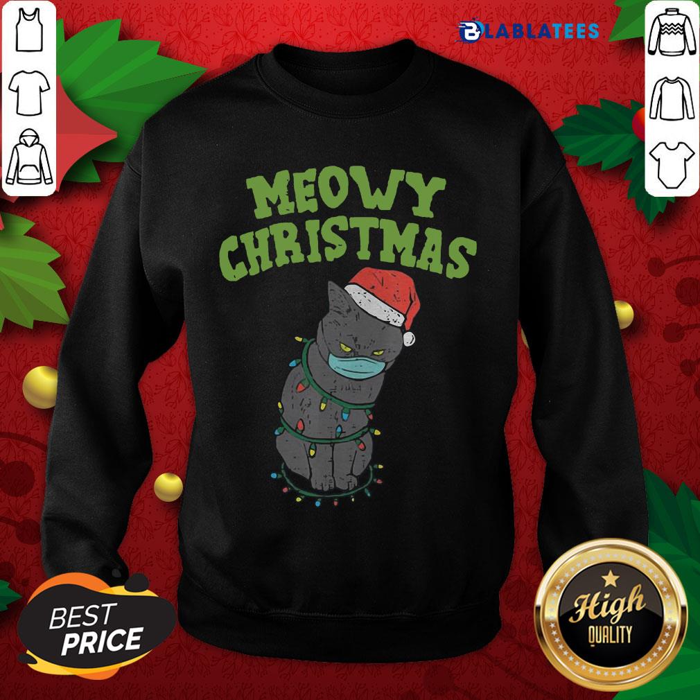 Top Meowy Cat Mask Santa Black Cat Mask Christmas Quarantine Gift Shirt - Image 2