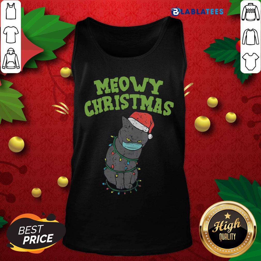 Top Meowy Cat Mask Santa Black Cat Mask Christmas Quarantine Gift Shirt - Image 5