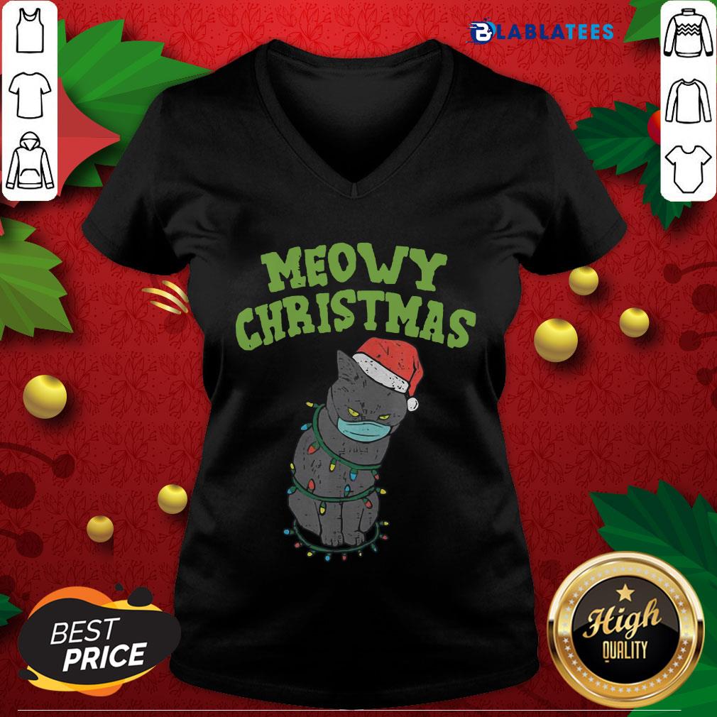 Top Meowy Cat Mask Santa Black Cat Mask Christmas Quarantine Gift Shirt - Image 4