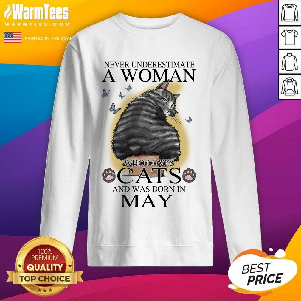 Top Never Underestimate A Woman Who Loves Cats And Was Born In May Butterflies Shirt - Image 3