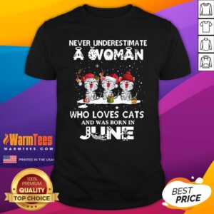 Top Never Underestimate A Woman Who Loves Cats Santa And Was Born In June Shirt