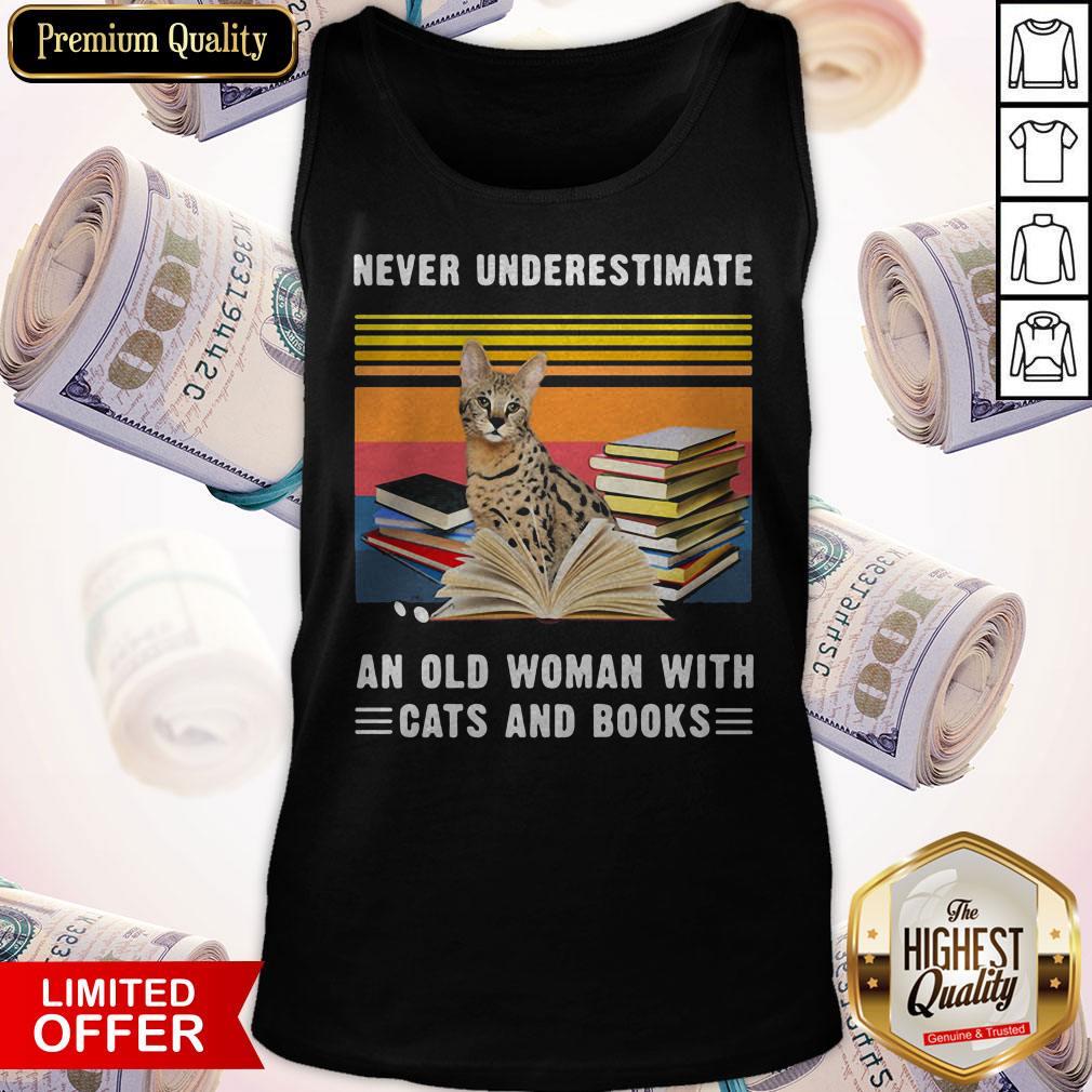 Top Never Underestimate An Old Woman With Cats And Books Savannah Cat Vintage Retro Shirt - Image 5