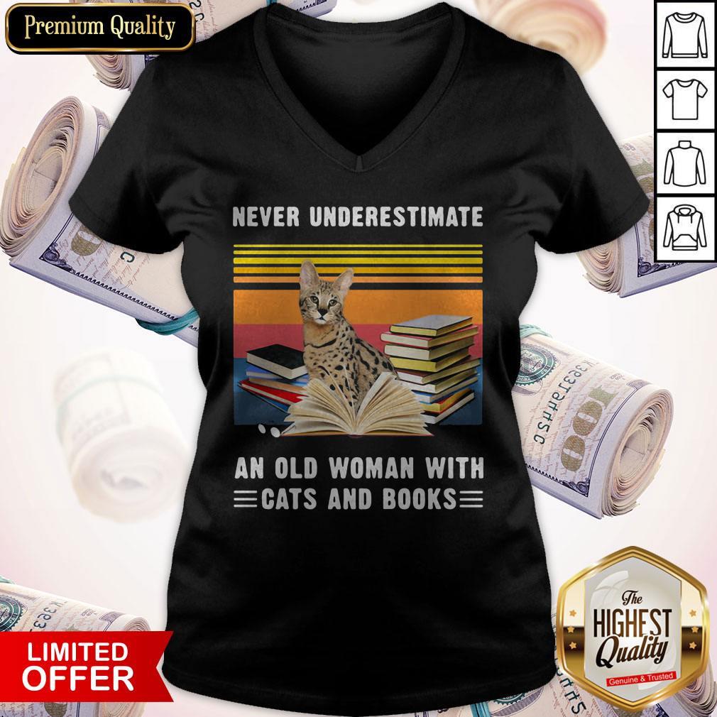 Top Never Underestimate An Old Woman With Cats And Books Savannah Cat Vintage Retro Shirt - Image 4