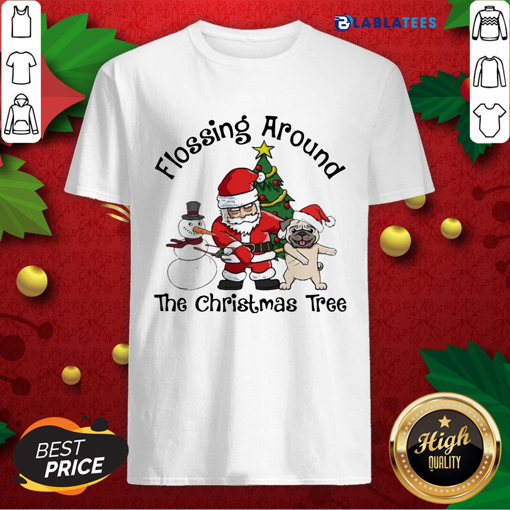 Top Santa And Pug And Snowman Dabbing Flossing Around The Christmas Tree Shirt