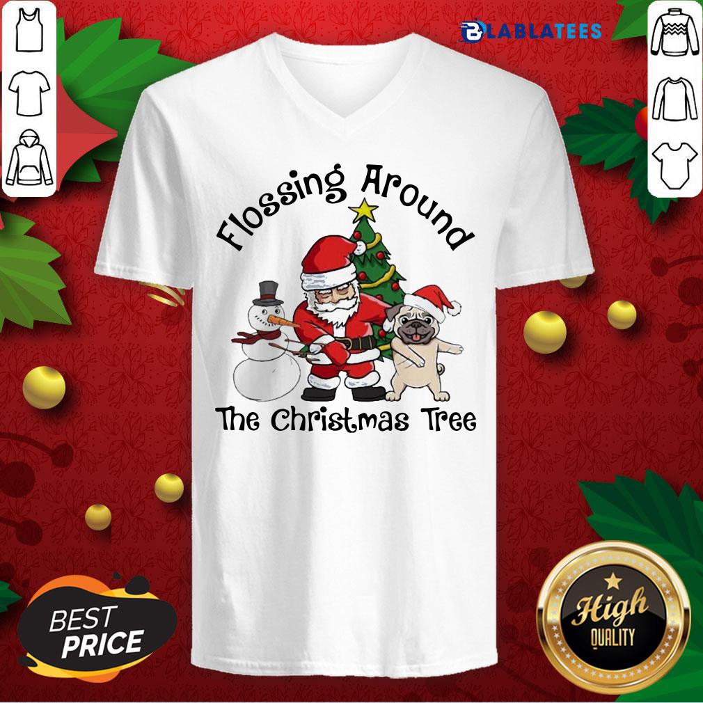Top Santa And Pug And Snowman Dabbing Flossing Around The Christmas Tree Shirt - Image 3