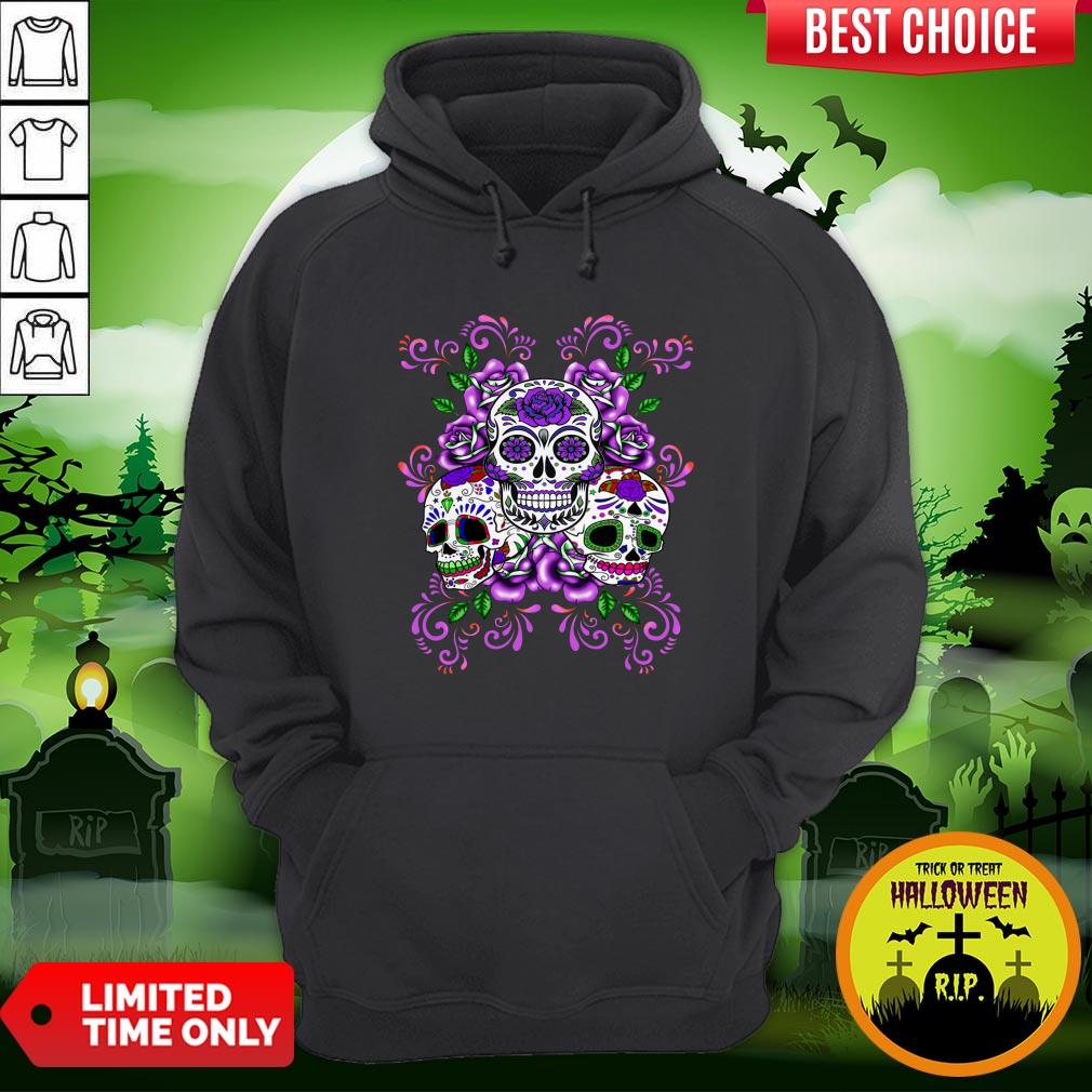 Triple Skull Purple Floral Day Of The Dead Sugar Skulls Shirt - Image 5