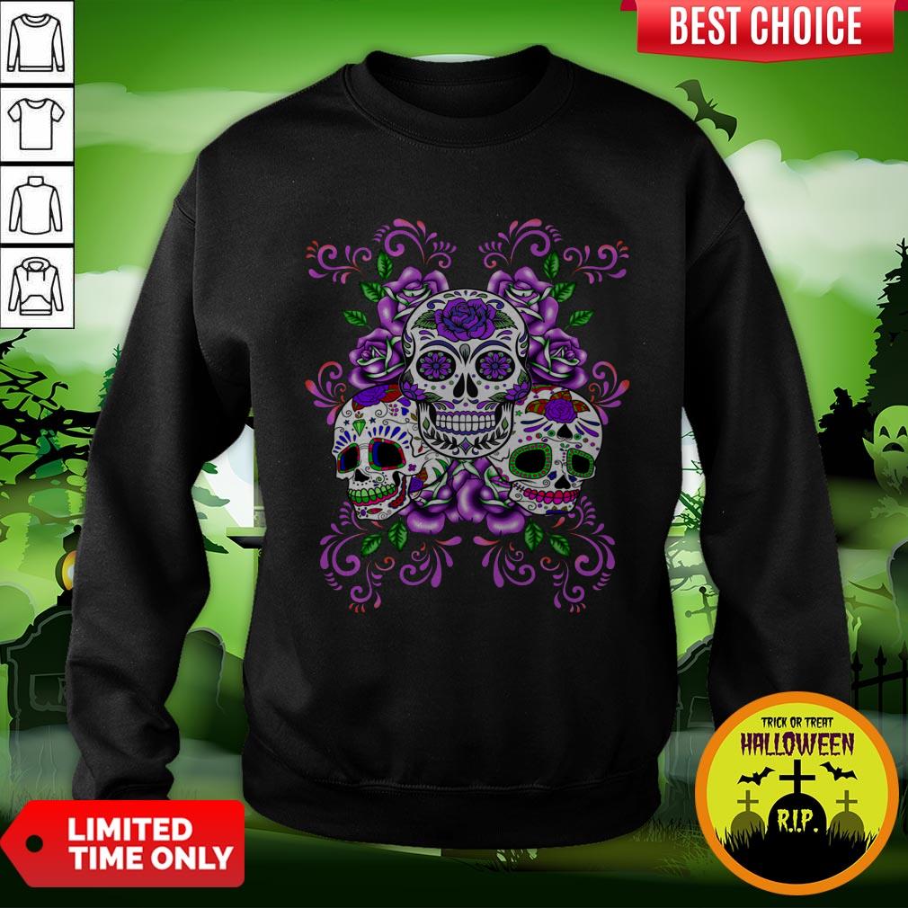 Triple Skull Purple Floral Day Of The Dead Sugar Skulls Shirt - Image 4