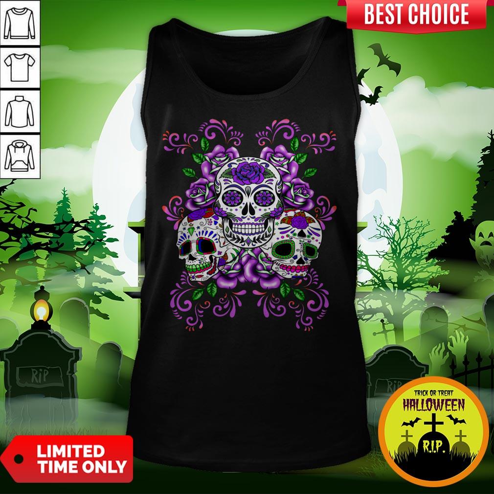 Triple Skull Purple Floral Day Of The Dead Sugar Skulls Shirt - Image 3