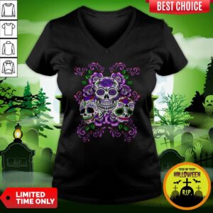 Alternative view of Triple Skull Purple Floral Day Of The Dead Sugar Skulls Shirt