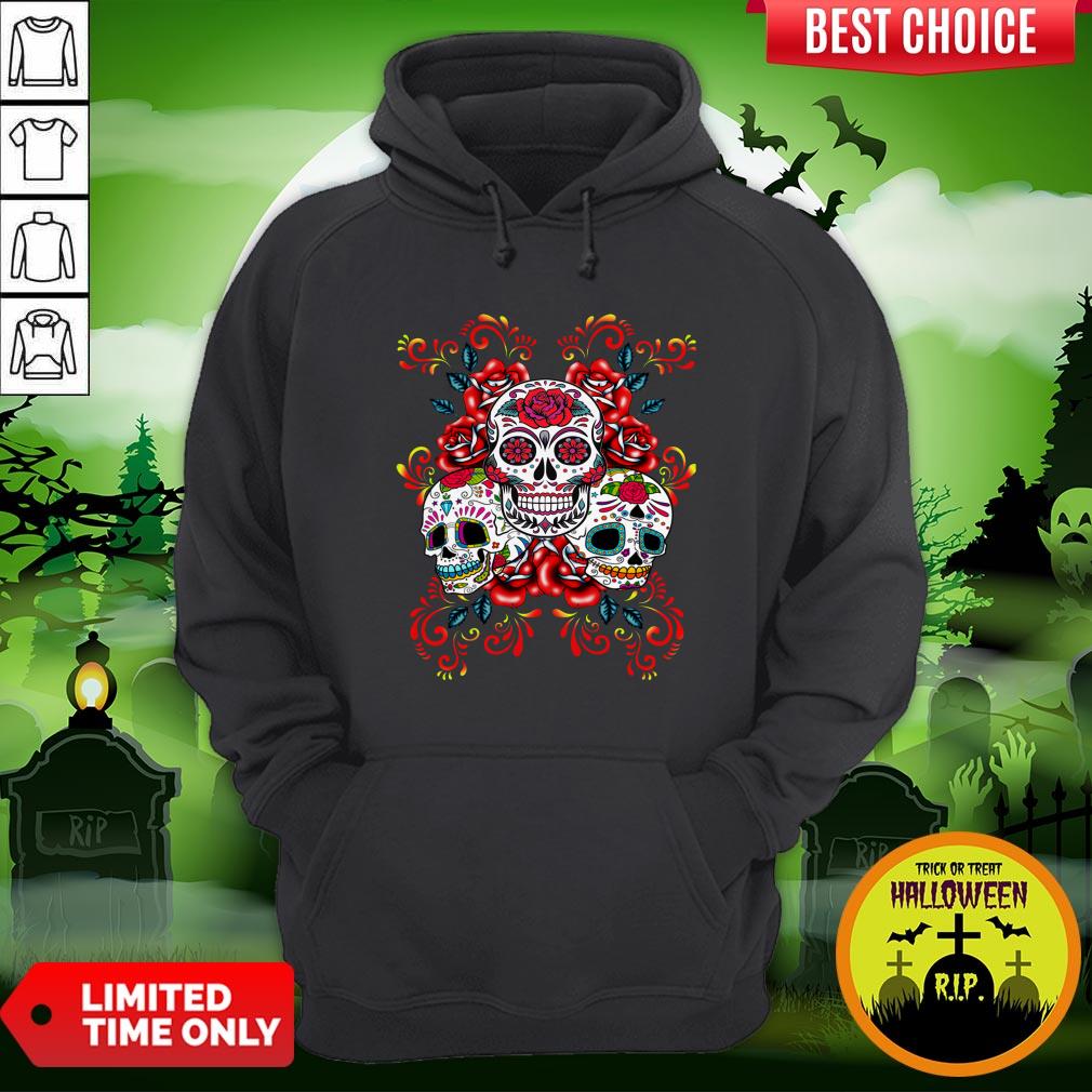 Triple Skull Red Floral Day Of The Dead Sugar Skulls Shirt - Image 5