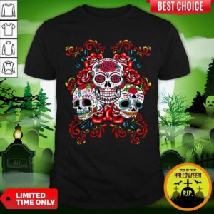 Triple Skull Red Floral Day Of The Dead Sugar Skulls Shirt