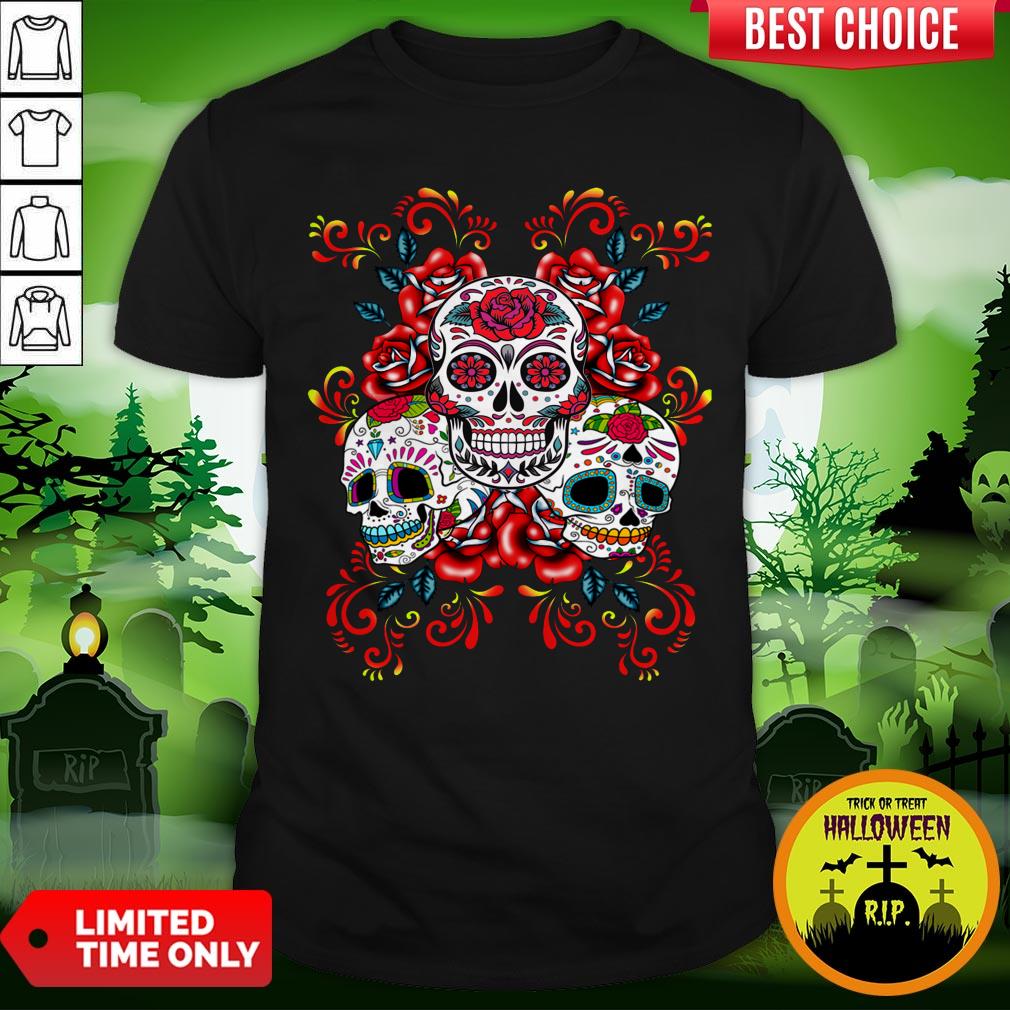 Triple Skull Red Floral Day Of The Dead Sugar Skulls Shirt