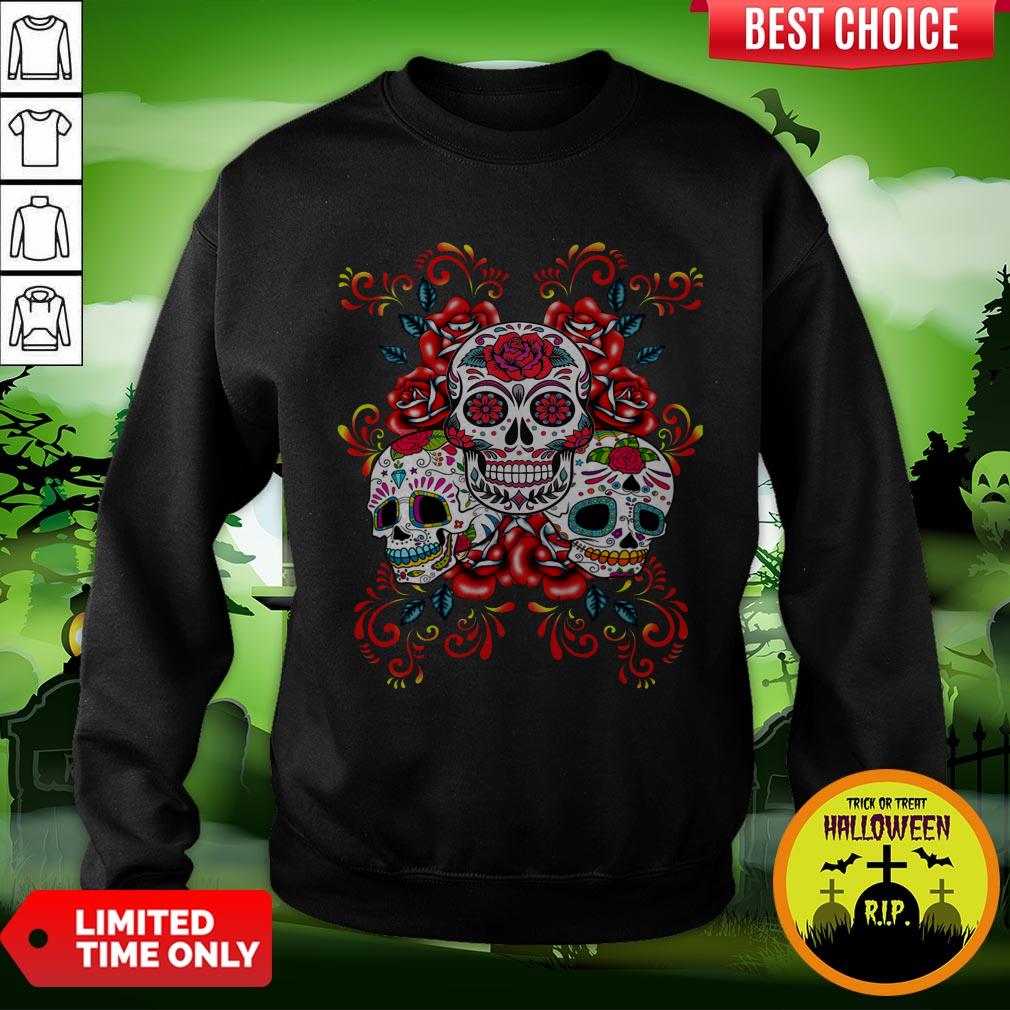 Triple Skull Red Floral Day Of The Dead Sugar Skulls Shirt - Image 4