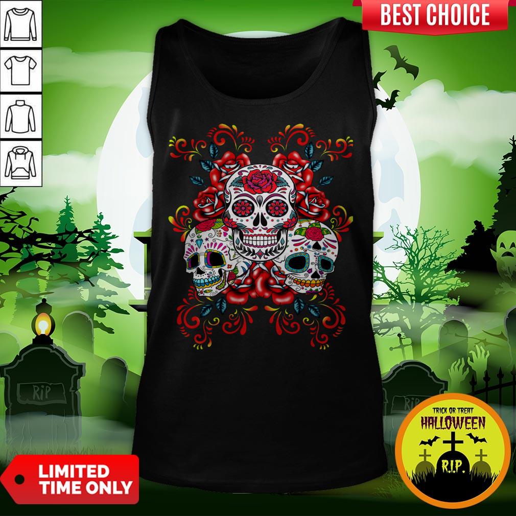 Triple Skull Red Floral Day Of The Dead Sugar Skulls Shirt - Image 3