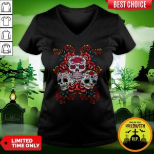 Alternative view of Triple Skull Red Floral Day Of The Dead Sugar Skulls Shirt