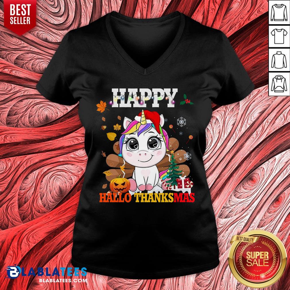 Cute Unicorn Happy Hallothanksmas Halloween Thanksgiving Christmas Shirt - Image 3