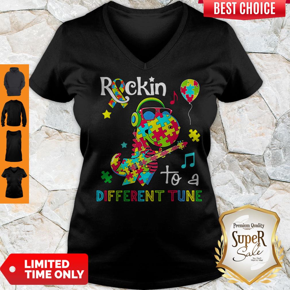 Official Dinosaur T Rex Rockin To A Different Tune Autism Awareness Shirt - Image 2