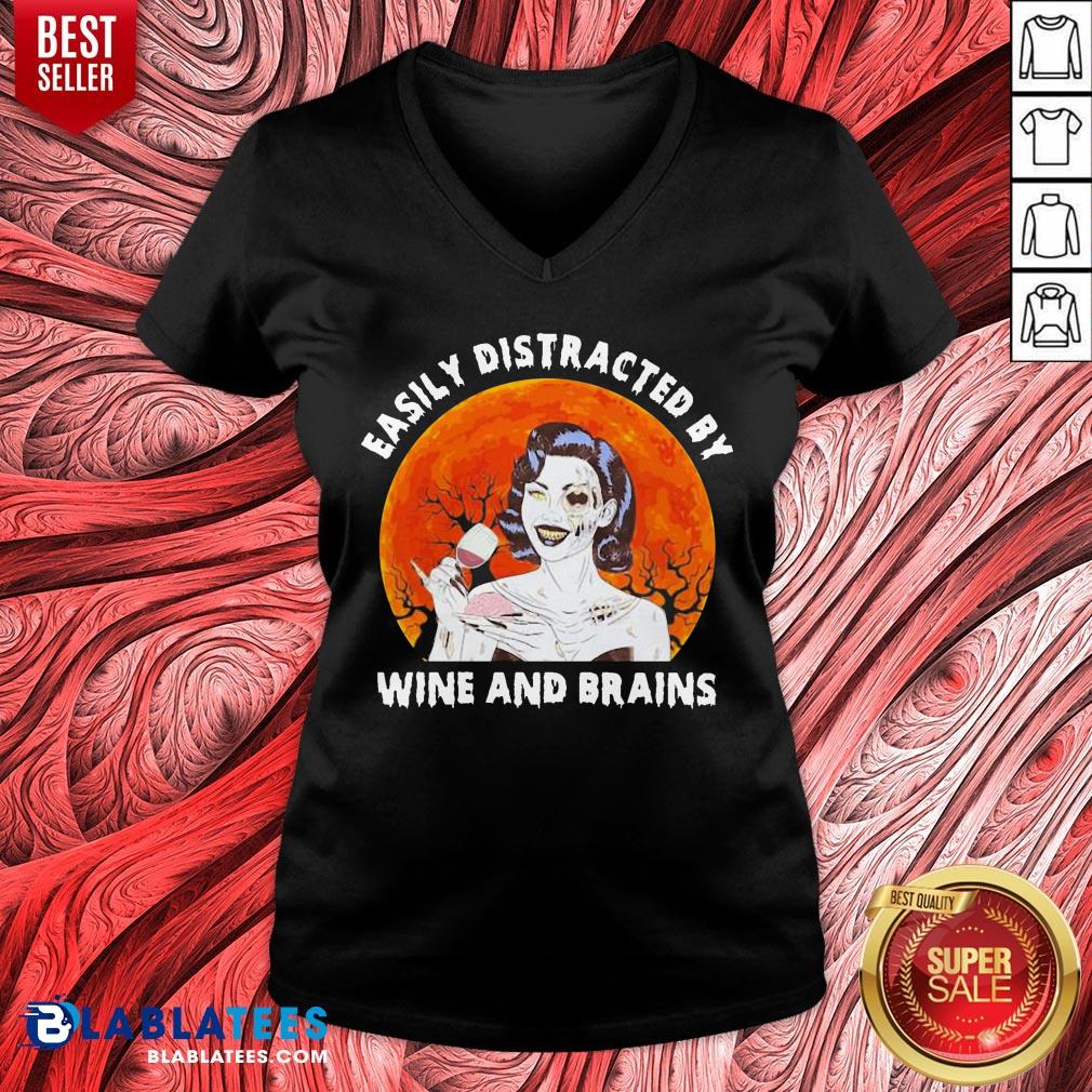 Funny Zombie Easily Distracted By Wine And Brains Moon Halloween Shirt - Image 3