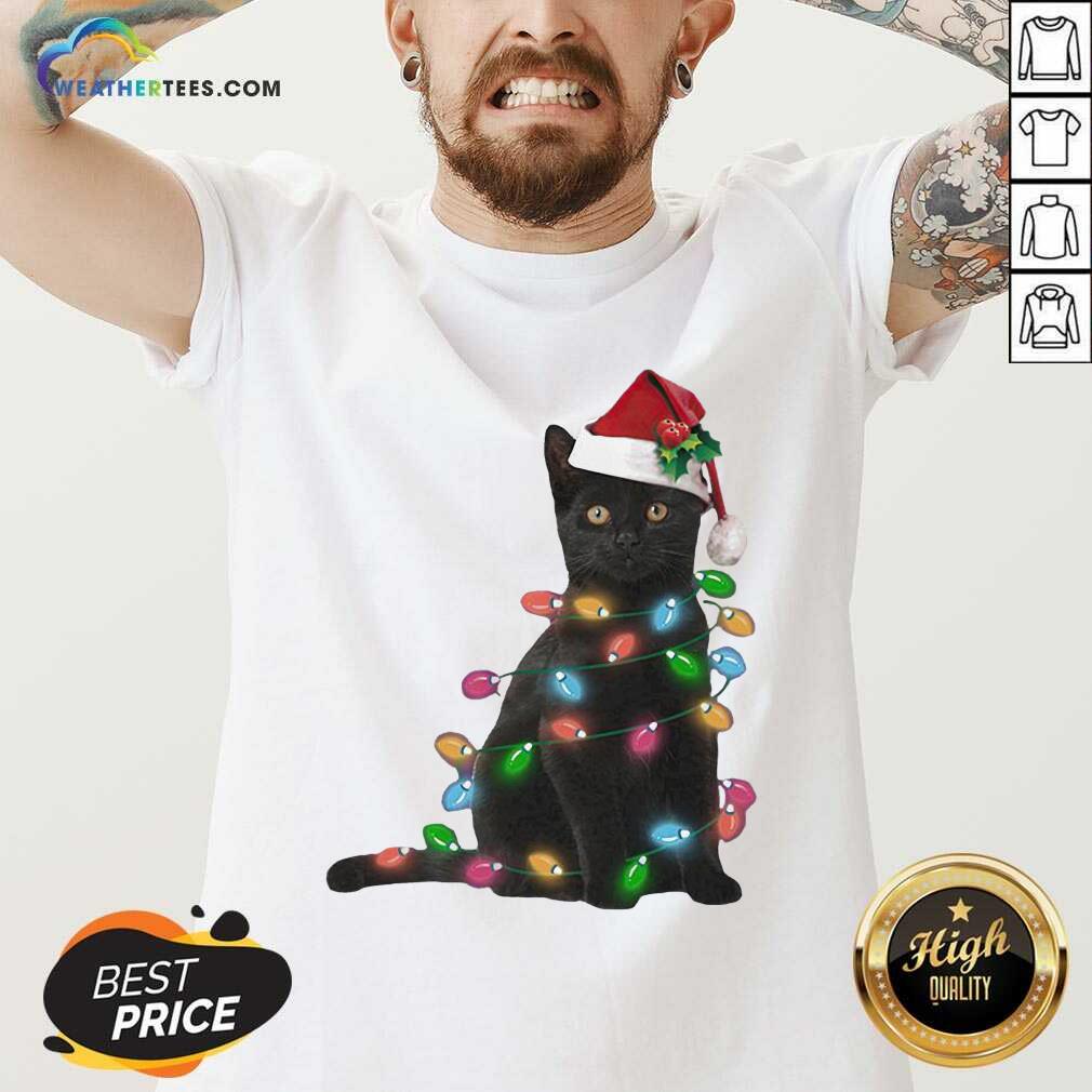 Colorful Black Cat Hat Santa Happy Light Christmas 2020 Shirt - Image 4