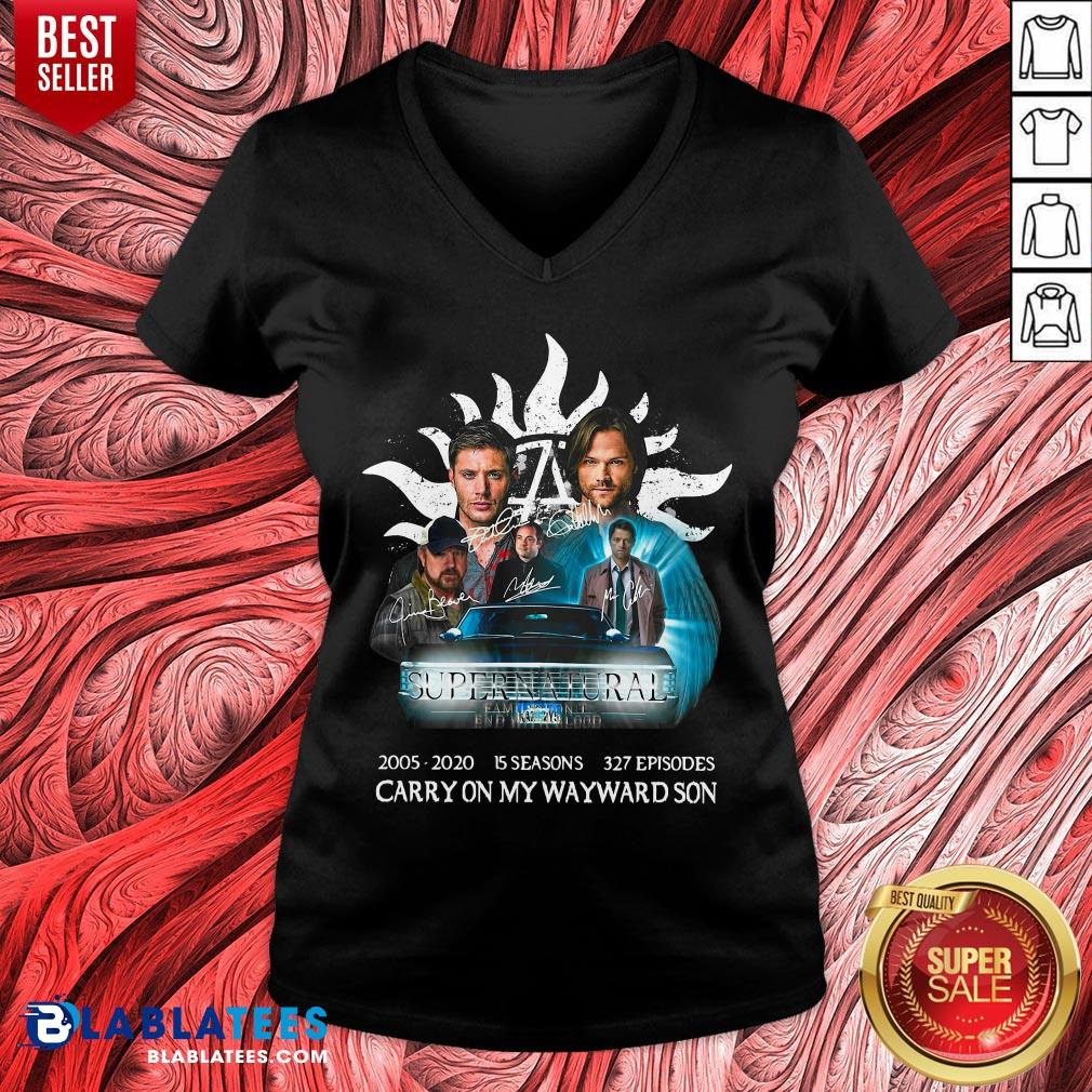 Hot Supernatural 2005 2020 15 Seasons 327 Episodes Carry On My Wayward Son Signatures Shirt - Image 3