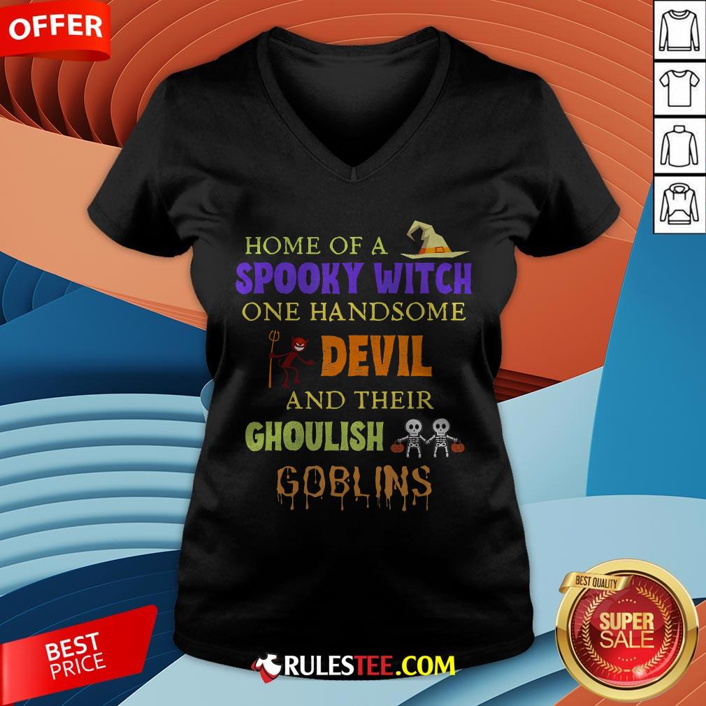 Home Of A Spooky Witch One Handsome Devil And Their Ghoulish Goblins Halloween Shirt - Image 4