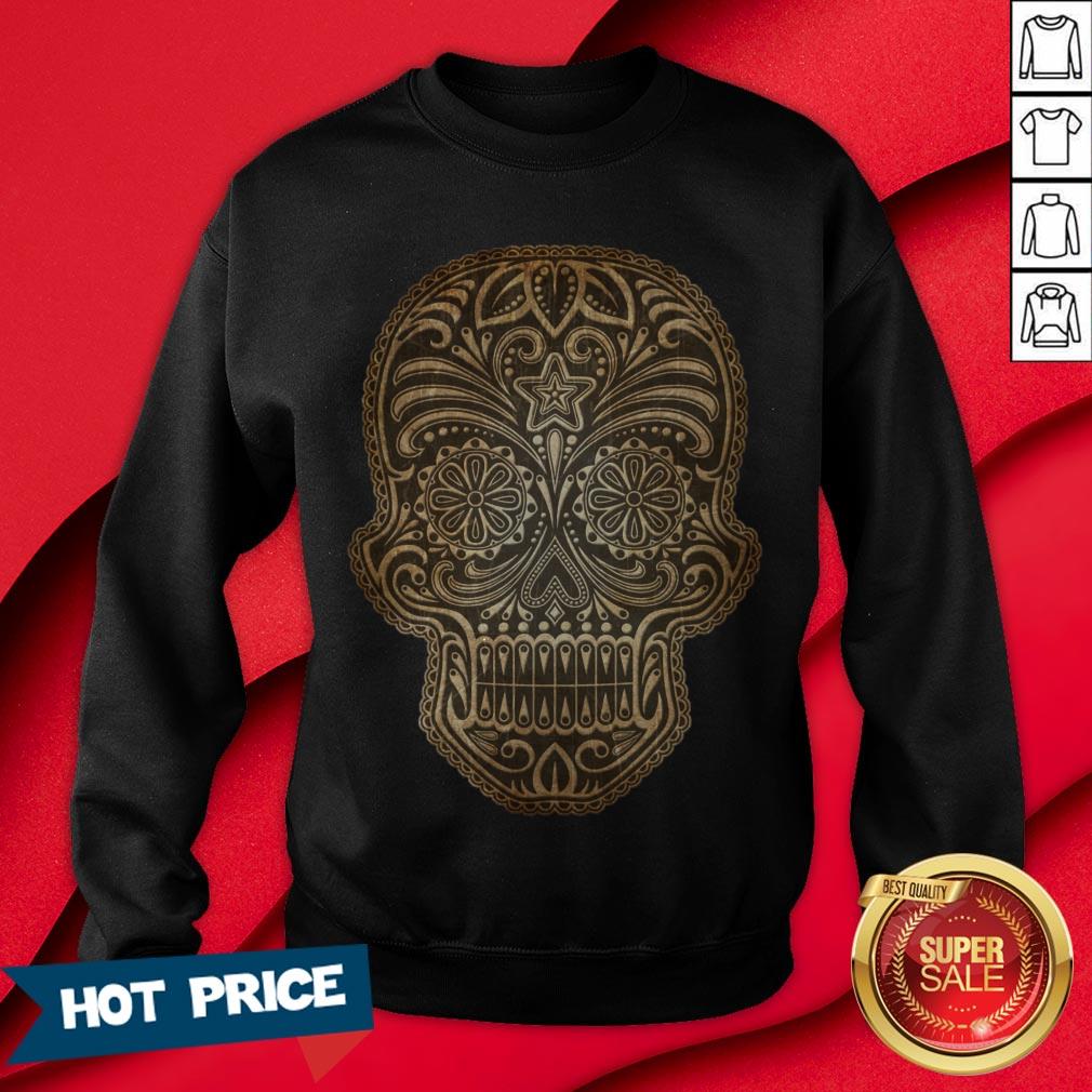 Vintage Aged And Scratched Sugar Skull Day Of The Dead Shirt - Image 4