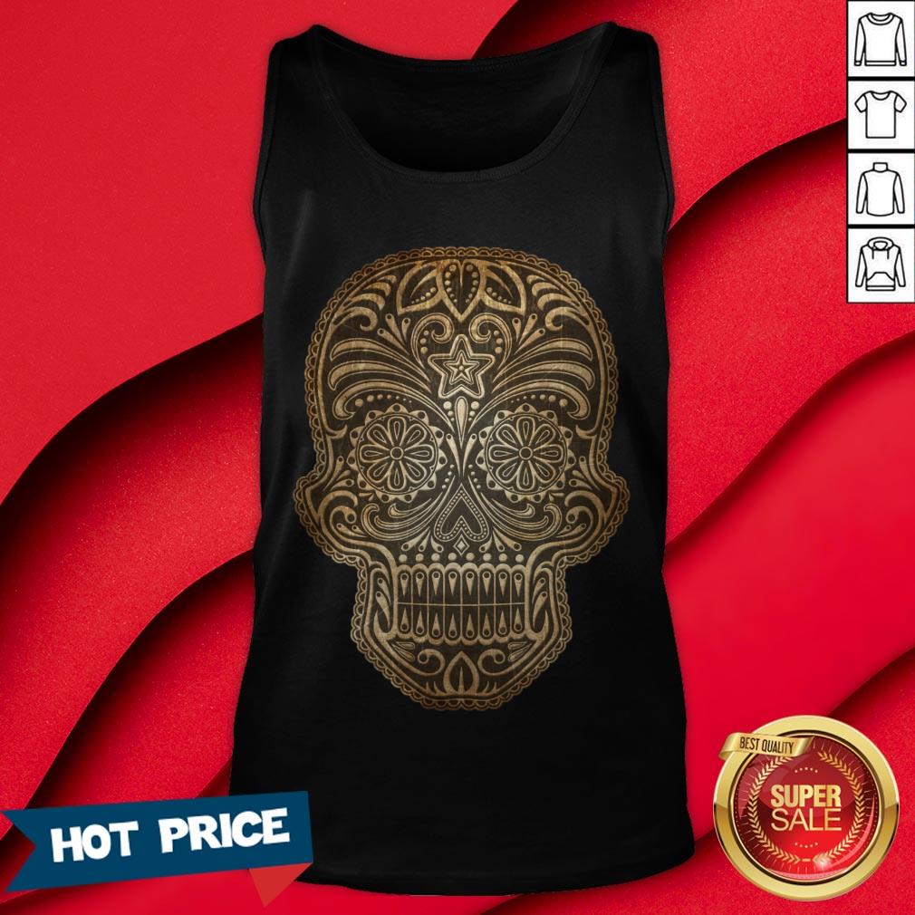 Vintage Aged And Scratched Sugar Skull Day Of The Dead Shirt - Image 2